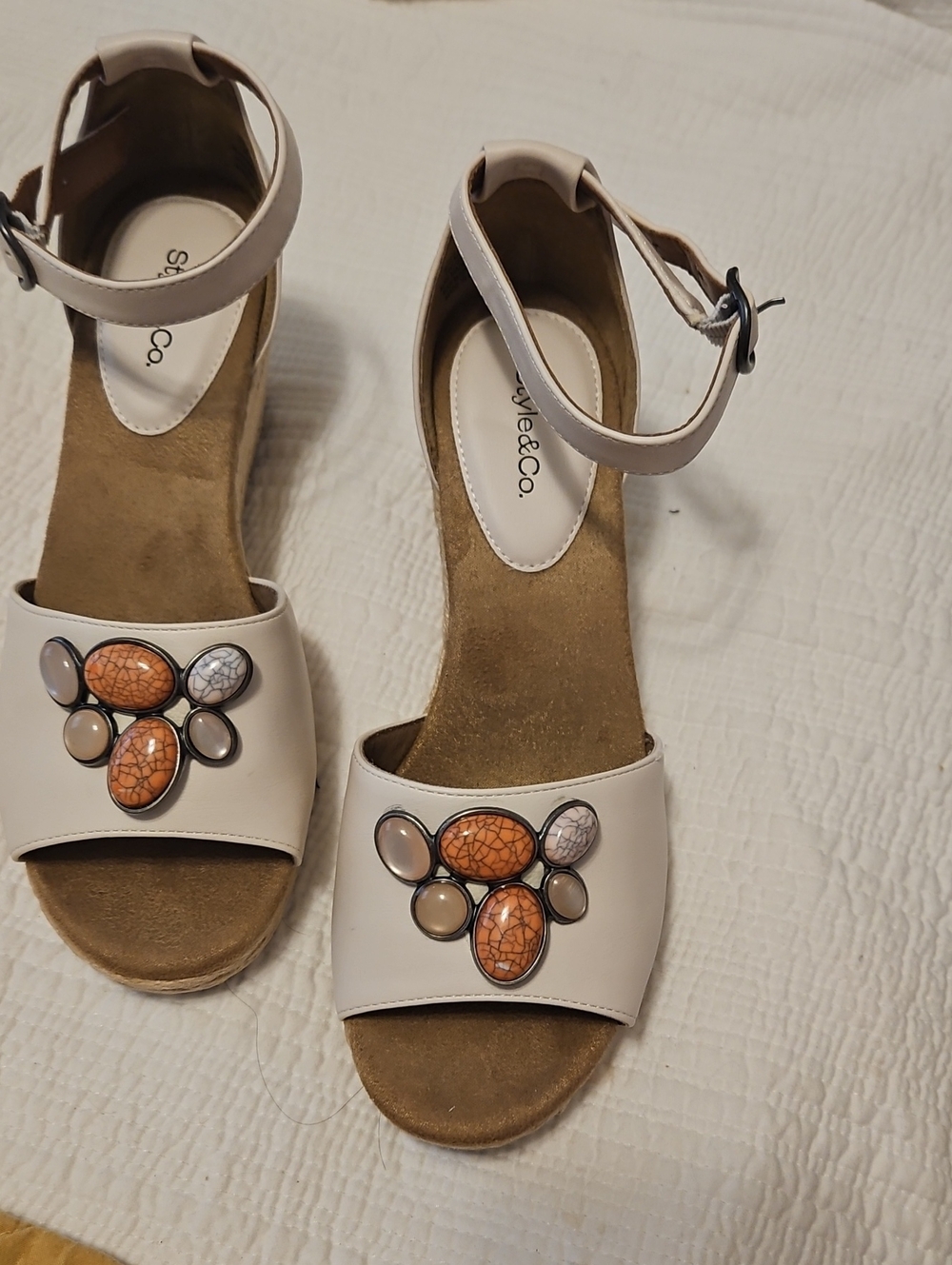 Style & Co. Women's Cream Ankle-Strap Sandals with Embellished Stones